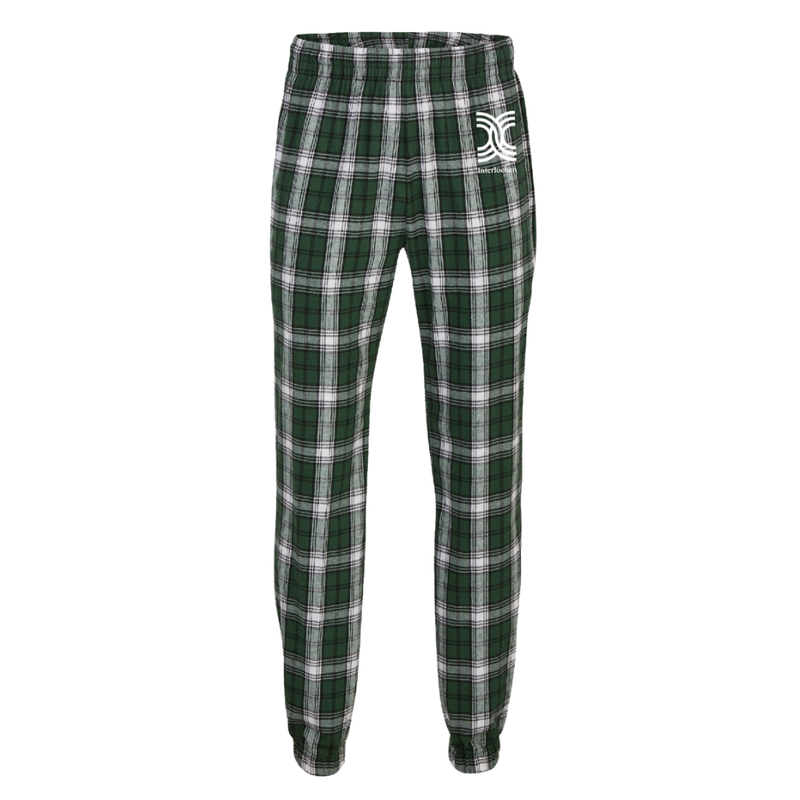 Green and white plaid pants with a logo on a white background