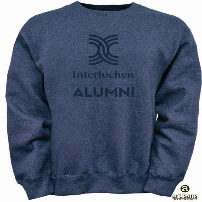Blue sweatshirt with 'Interlochen Alumni' text and logo on a white background