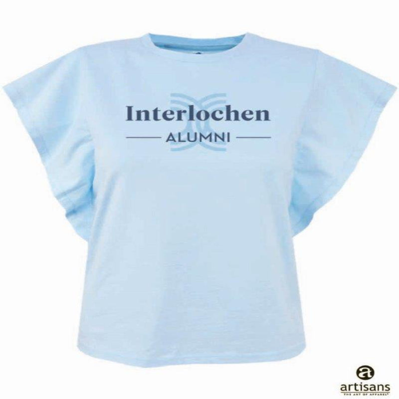 A light blue t-shirt with wide ruffle sleeves and the text 'Interlochen Alumni' printed on the front.