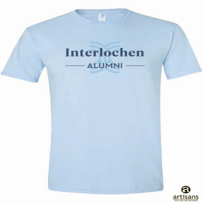 A light blue t-shirt with 'Interlochen Alumni' text and the Interlochen logo printed on the front.