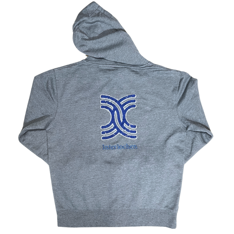 Gray hoodie with a blue logo on the back against a white background