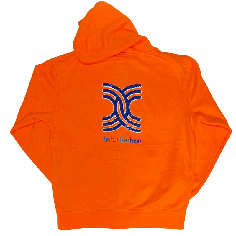 Orange hoodie with a blue and white logo on the back, on a white background