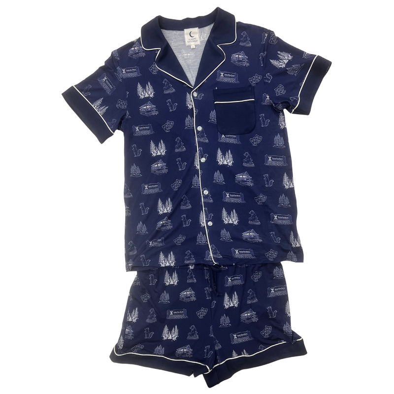 Navy pajama set with white patterns on a white background