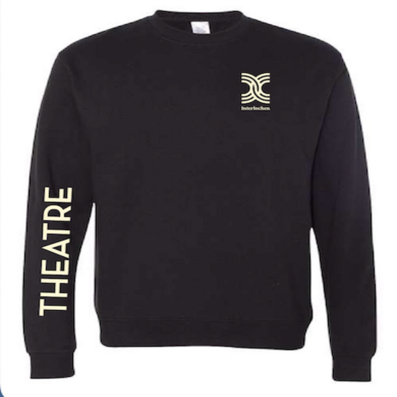 A black crew neck sweatshirt with white text that reads 'Theatre' and a symbol on the left chest area.