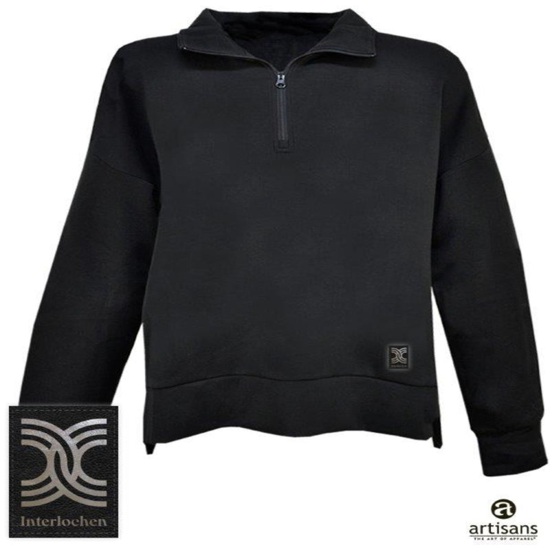 Black pullover with a zipper on a white background, featuring 'Interlochen' and 'Artisans' logos.
