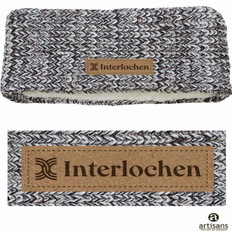 A gray and brown checkered headband with a leather look Interlochen logo patch on the front.