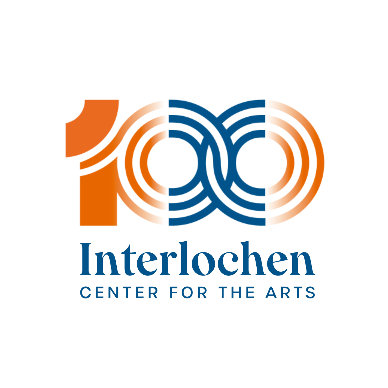 Interlochen Center for the Arts 100th logo with orange and blue design on a white background
