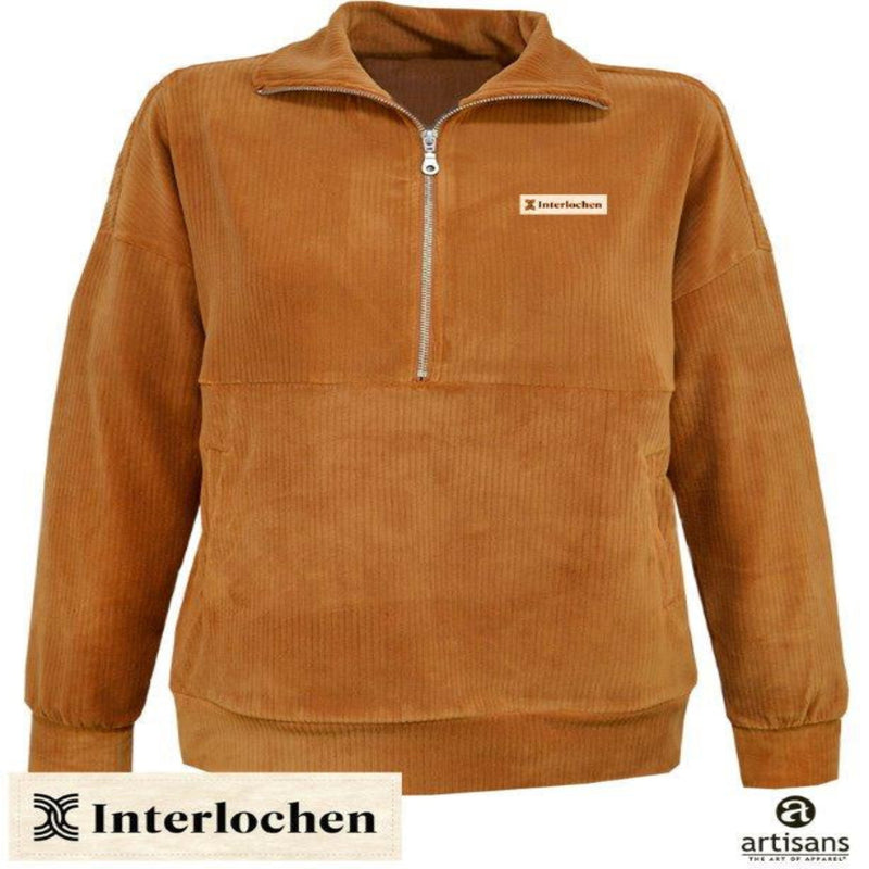 Brown/caramel soft corduroy pullover with Interlochen logo on a white background
