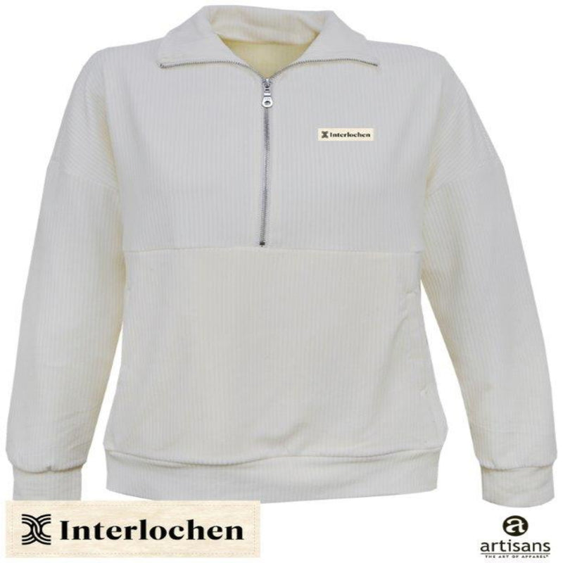 White 1/2 zip soft corduroy sweatshirt with 'Interlochen' branding on a white background