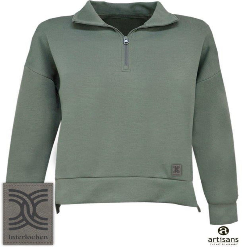 Green pullover with a visible brand logo on a white background