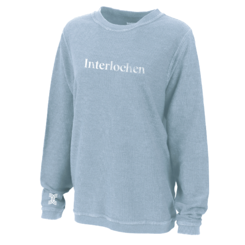 Light blue sweatshirt with 'Interlochen' text on a white background