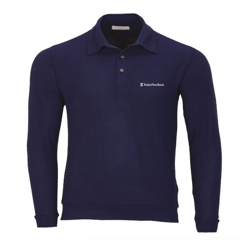 Navy long-sleeve polo shirt with 'Interlochen' logo on a white background