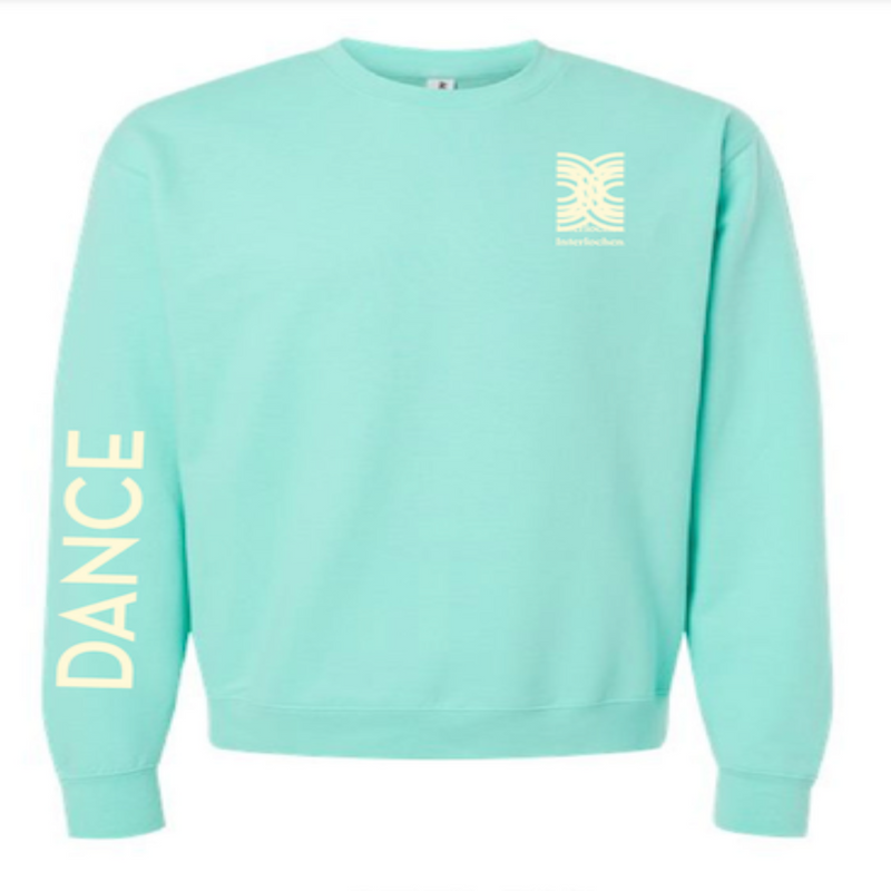 A blue crew neck sweatshirt with white text that reads 'DANCE' and a symbol on the left chest area.