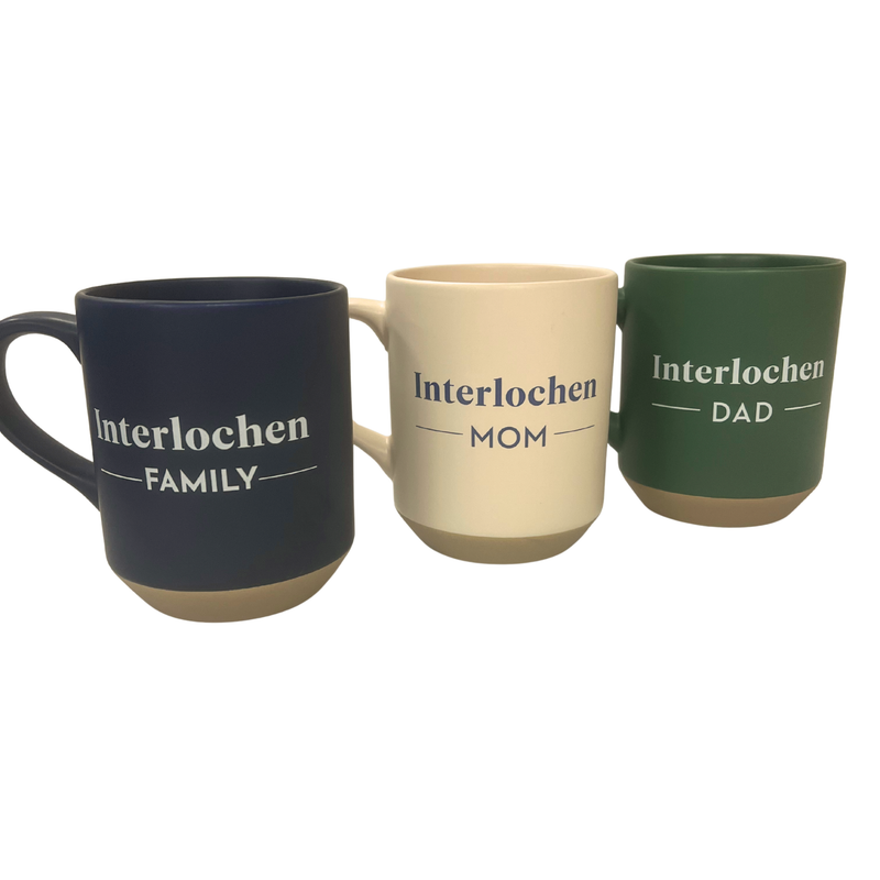 Three mugs with 'Interlochen' branding on a white background