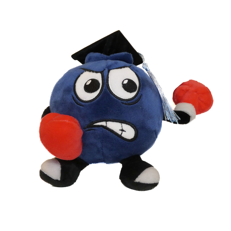 A plush blueberry with a graduation cap and gown, standing with fists raised in the air.