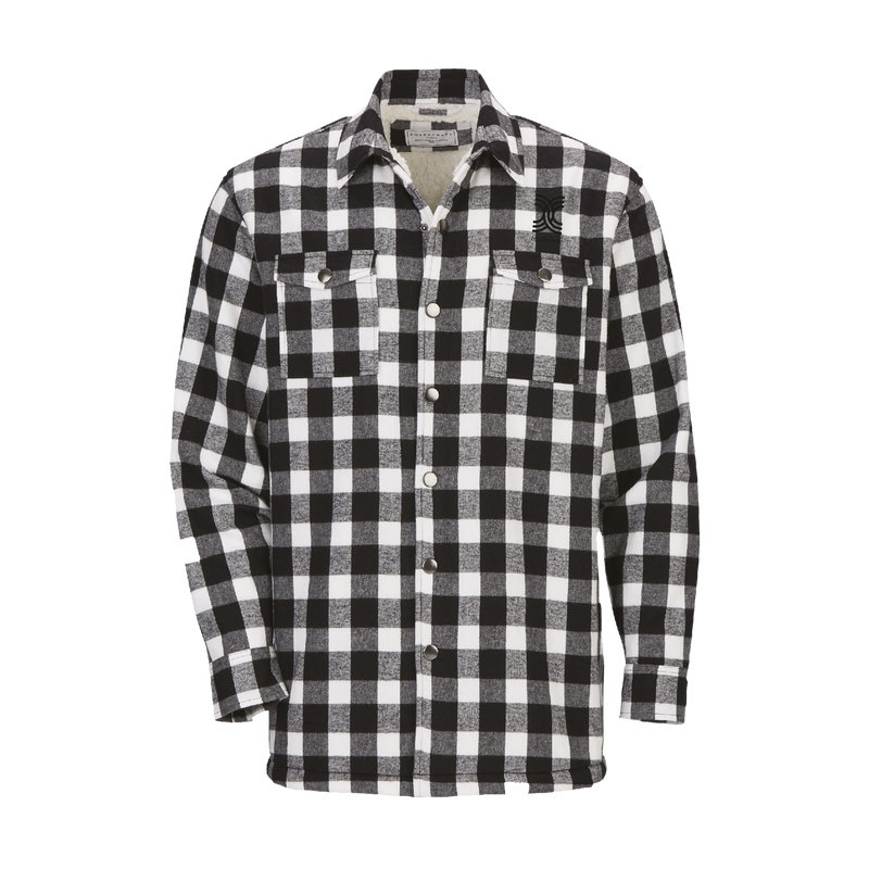 A long-sleeved flannel workshirt in black and white checkered pattern with a pointed collar and button-up front.
