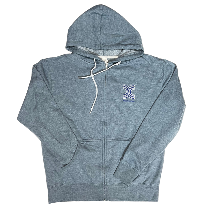 Gray hoodie with a logo on a white background