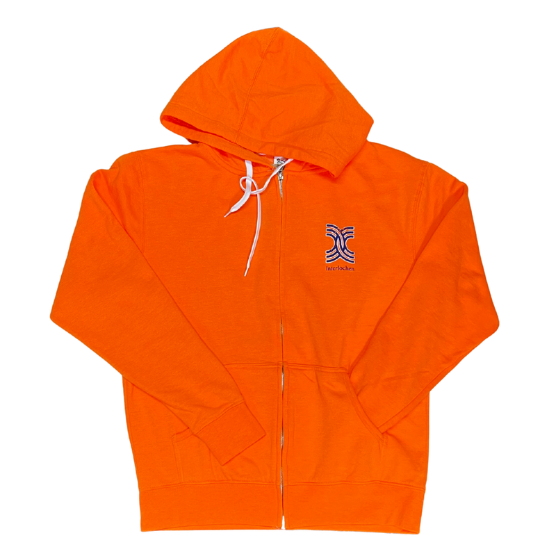Orange hoodie with a logo on the chest against a white background