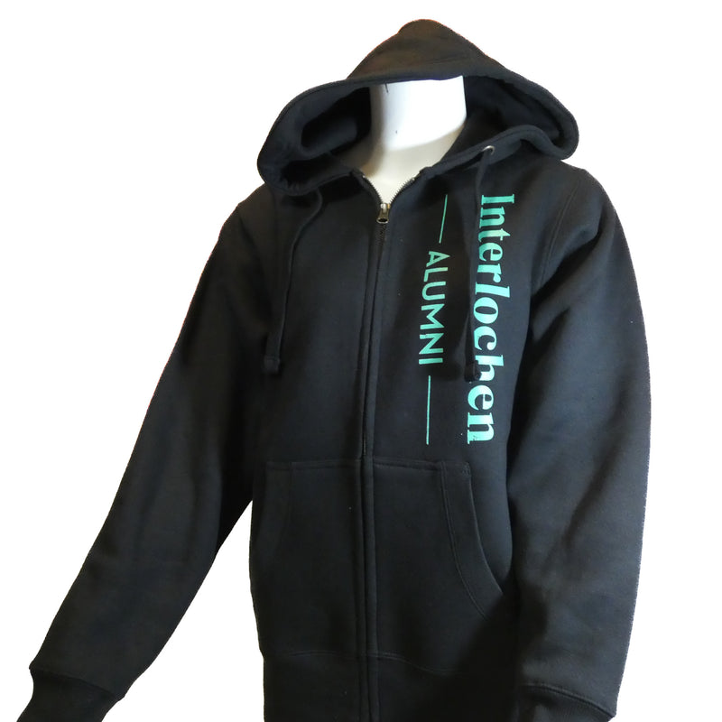Full Zip Interlochen Alumni Hoodie Black with light green print