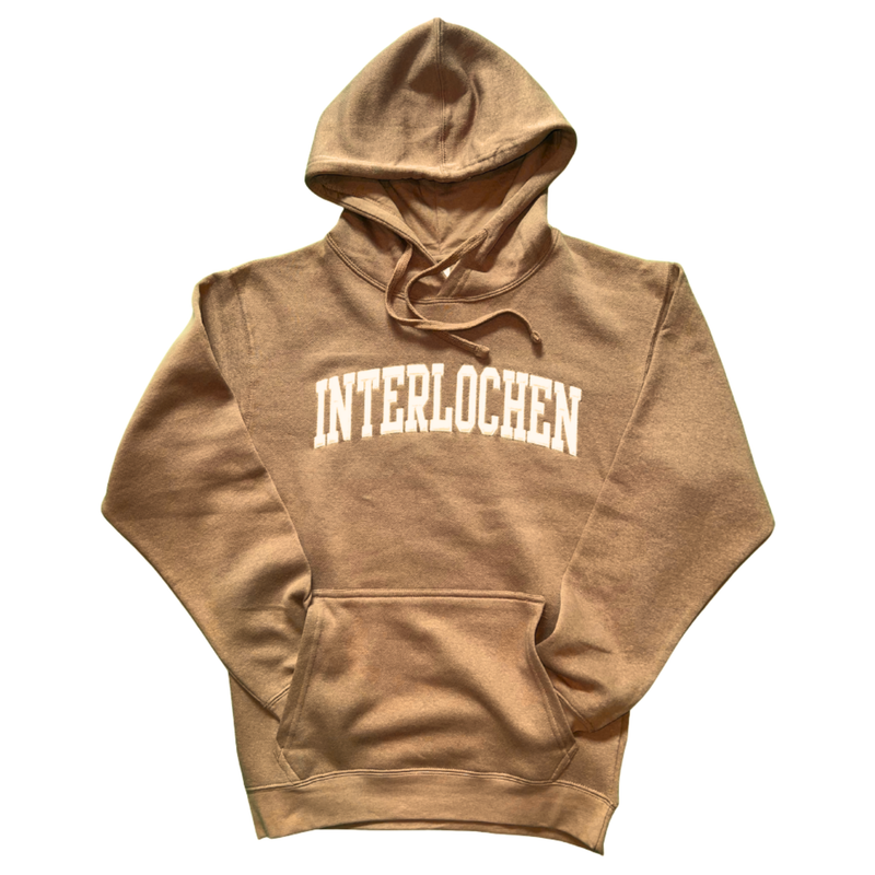 Gingerbread hoodie with 'INTERLOCHEN' text on a white background