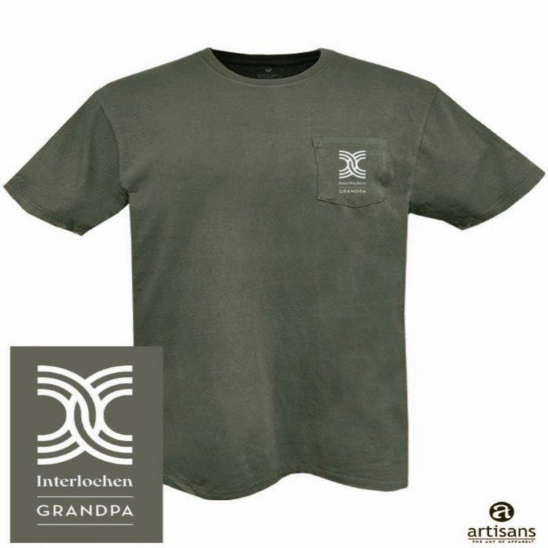 A green t-shirt with a pocket on the front, featuring a white graphic design at the center. The t-shirt is displayed with color options and the brand 'Artisans' is visible.