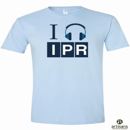 A light blue t-shirt with the text 'I (headphone photo) IPR' and a pair of headphones printed on the front.