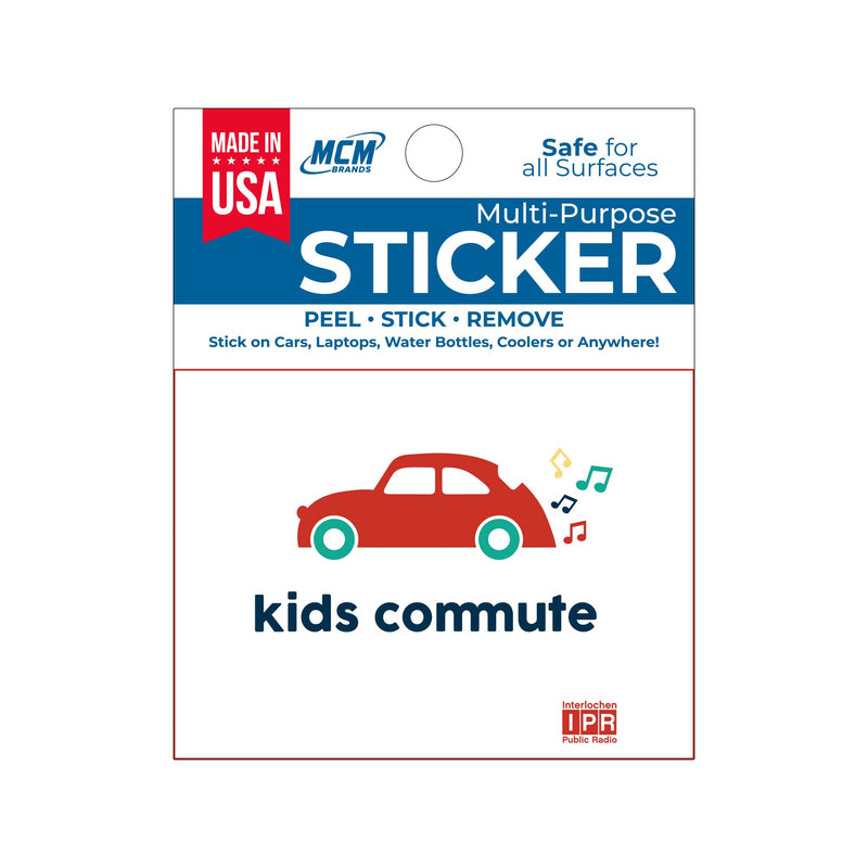 A vinyl sticker with a car and text design, labeled 'Made in USA', intended for children's commute purposes.