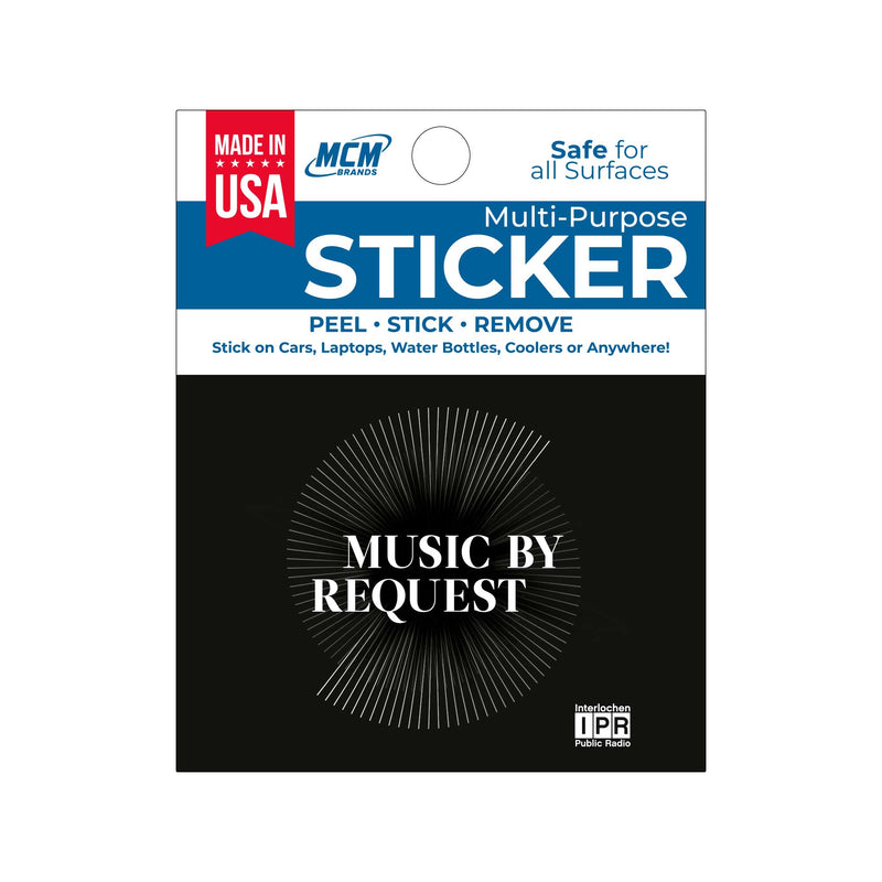 A vinyl sticker with 'Music By Request' text and a record symbol graphic, labeled as made in USA, multi-purpose, peel-stick, remove, suitable for all surfaces.