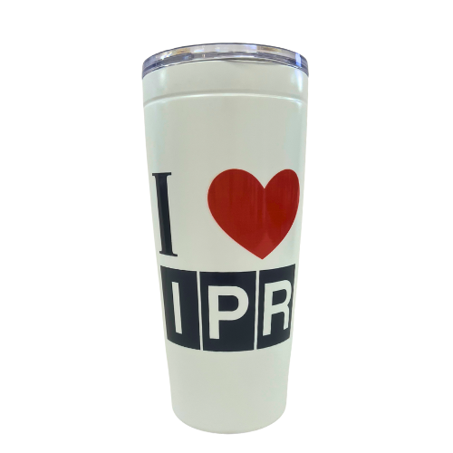 White tumbler with 'I ❤️ PR' text and red heart on a white background