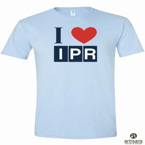 A blue t-shirt with the text 'I heart IPR' and a heart symbol, where 'IPR' stands for Interlochen Public Radio.