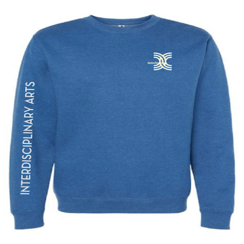 A blue crew neck sweatshirt with white text that reads 'INTERDISCIPLINARY ARTS' and a symbol on the left chest area.