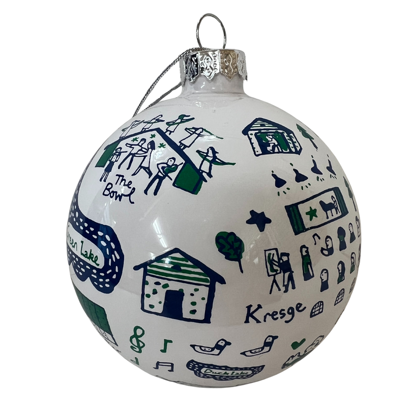 Decorative Christmas ball with drawings and text on a white background