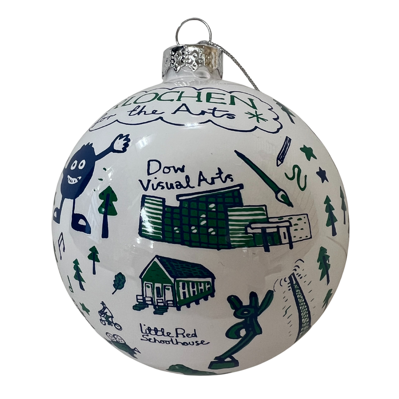 Decorative Christmas ball ornament with illustrations and text on a white background