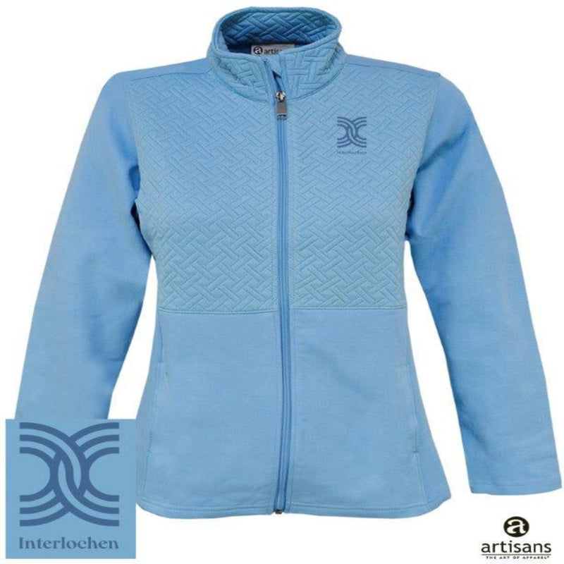 Light blue quilted jacket with a brand logo on a white background