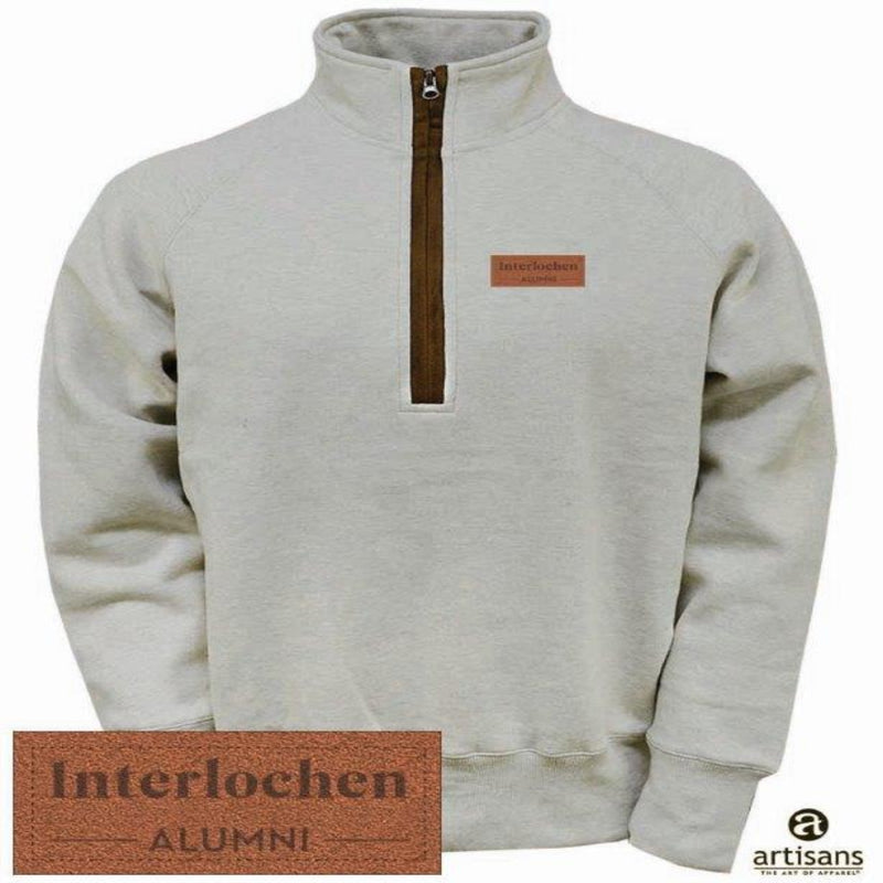 A beige, quarter-zip Interlochen Alumni sweatshirt with a leather patch on the chest.