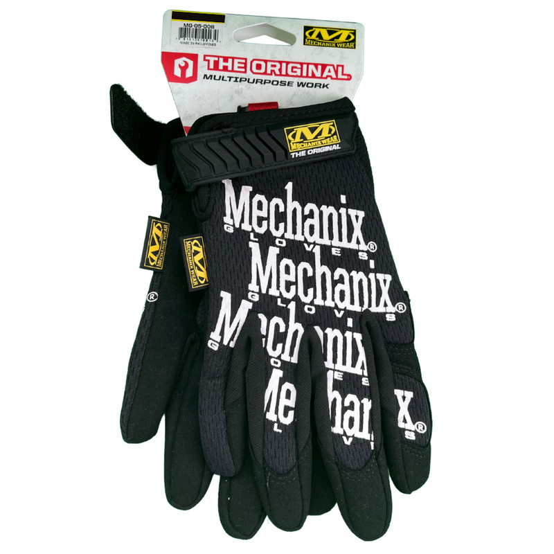 Pair of black Mechanix gloves with white text 