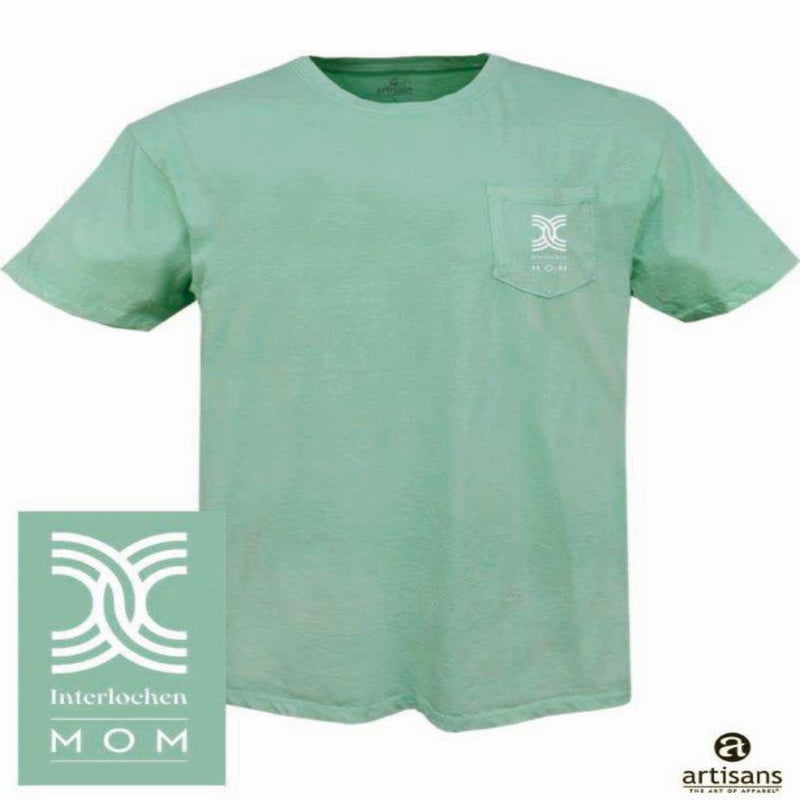 A mint green t-shirt with a pocket on the front, featuring a white graphic design at the center. The t-shirt is displayed with color options and the brand 'Artisans' is visible.