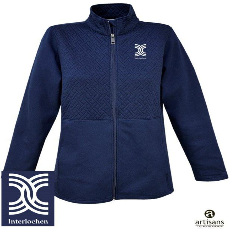 Navy quilted jacket with a logo on a white background