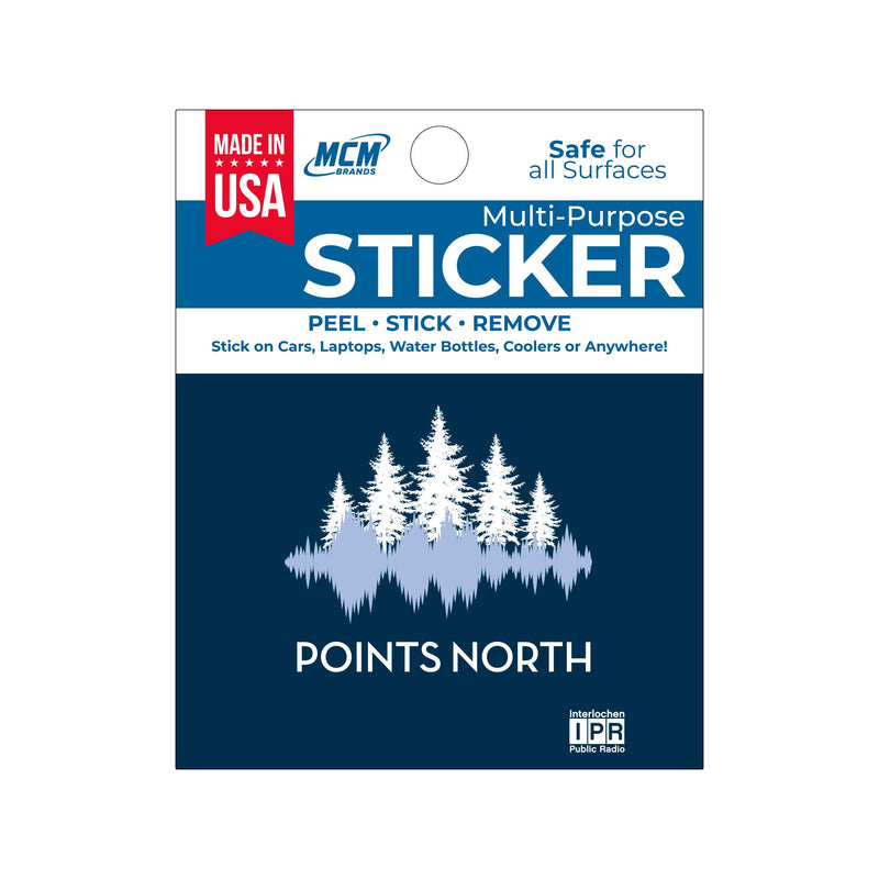 A vinyl sticker with a pine forest design and the text 'Points North' along with the 'IPR' logo, packaged in a clear plastic bag with a blue and red label.