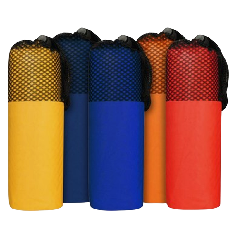 Set of five colorful foam rollers with mesh handles on a white background