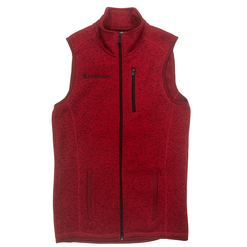 Red fleece vest with a brand logo on a white background