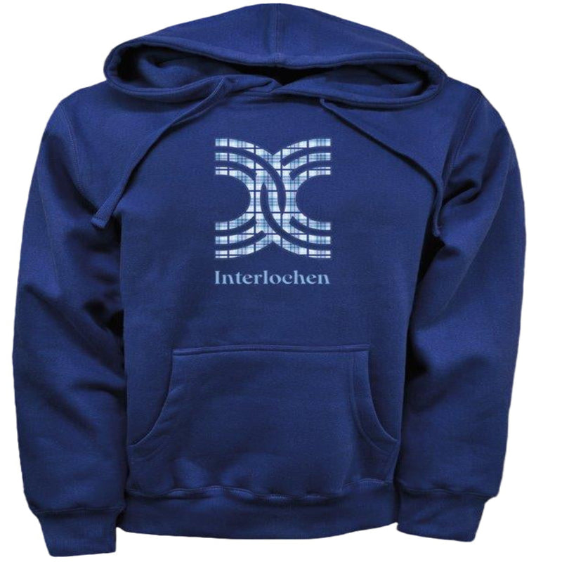 Blue hoodie with 'Interlochen' logo on a white background
