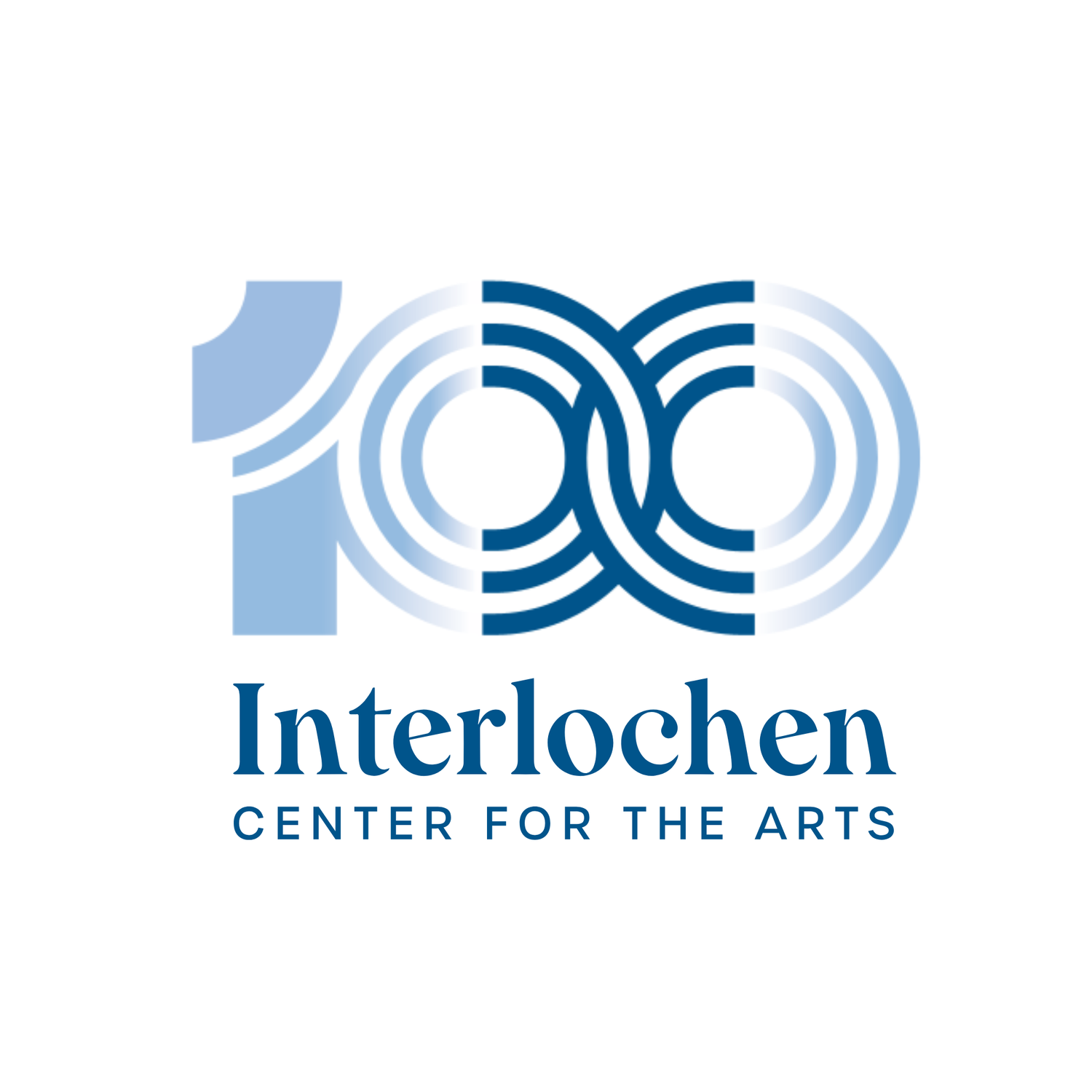 Interlochen Center for the Arts 100th logo with blue and white design on a white background