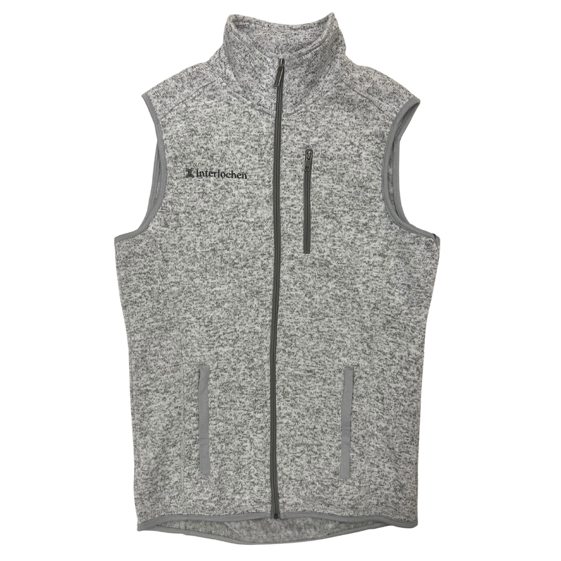 Gray fleece vest with a brand logo on a white background