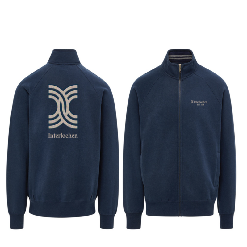 Navy blue jacket with 'Interlochen' logo on front and back
