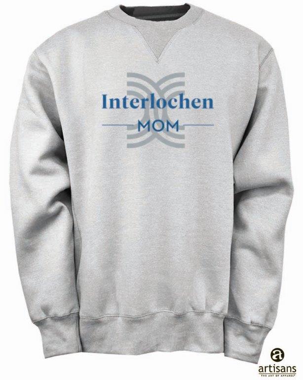 A gray crew neck sweatshirt with 'Interlochen Mom' text on the front.
