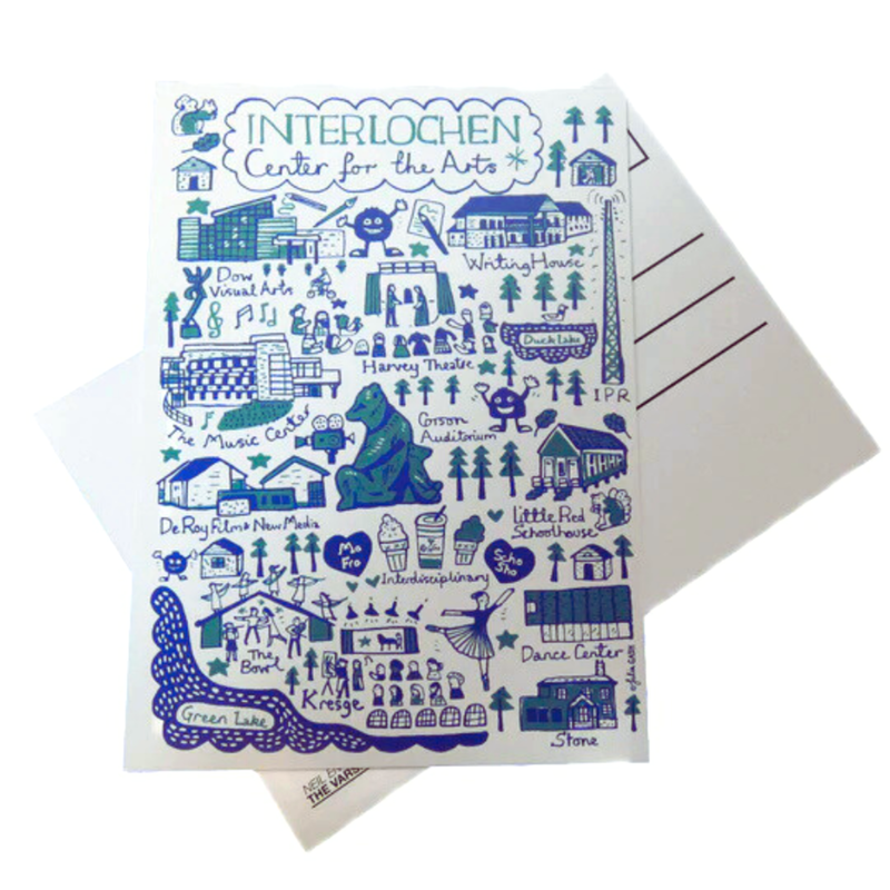 Illustrated card with blue graphics and text on a white background