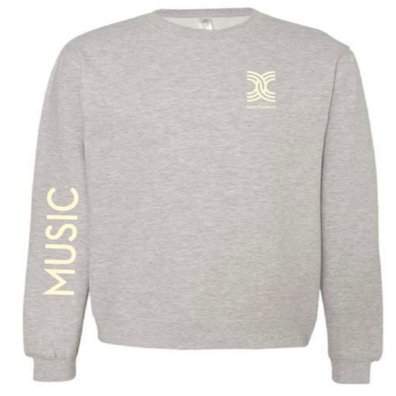 A grey crew neck sweatshirt with white text that reads 'Music' and a symbol on the left chest area.