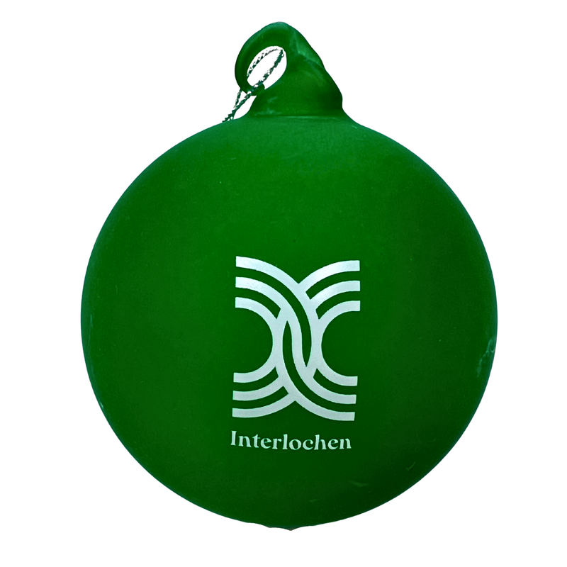 Blown Glass ornament with Interlochen Logo green