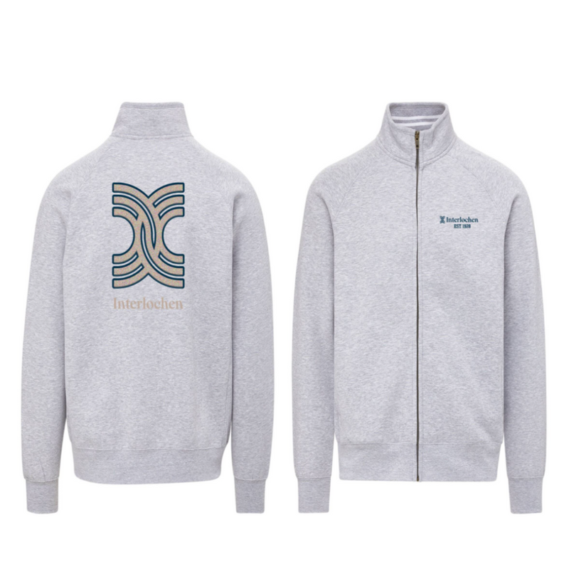 Gray jacket with a logo on the back and text on the front, on a white background